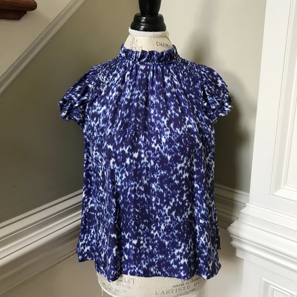 NWT Sea NY Celine Smocked Blouse Top Shirt Womens Small Blue White Sleeveless - Picture 7 of 15